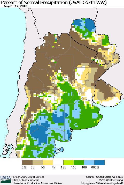 Southern South America Percent of Normal Precipitation (USAF 557th WW) Thematic Map For 8/6/2018 - 8/12/2018