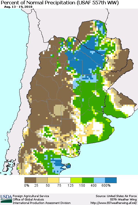 Southern South America Percent of Normal Precipitation (USAF 557th WW) Thematic Map For 8/13/2018 - 8/19/2018