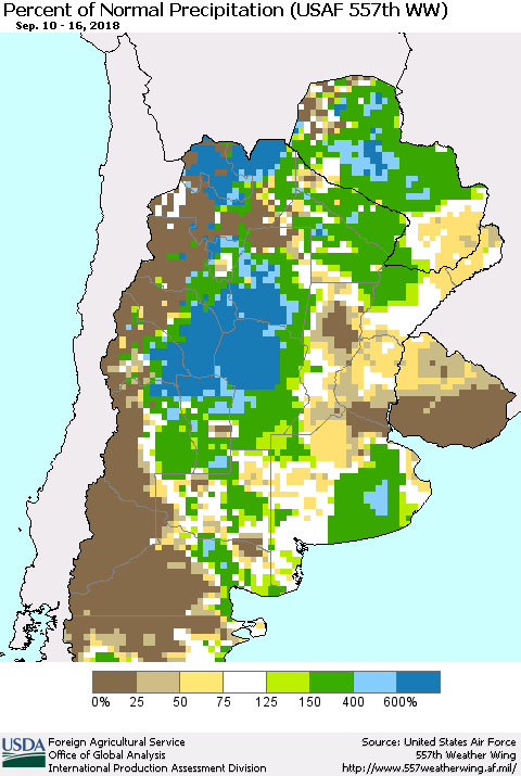 Southern South America Percent of Normal Precipitation (USAF 557th WW) Thematic Map For 9/10/2018 - 9/16/2018
