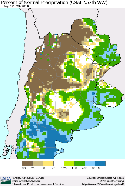 Southern South America Percent of Normal Precipitation (USAF 557th WW) Thematic Map For 9/17/2018 - 9/23/2018