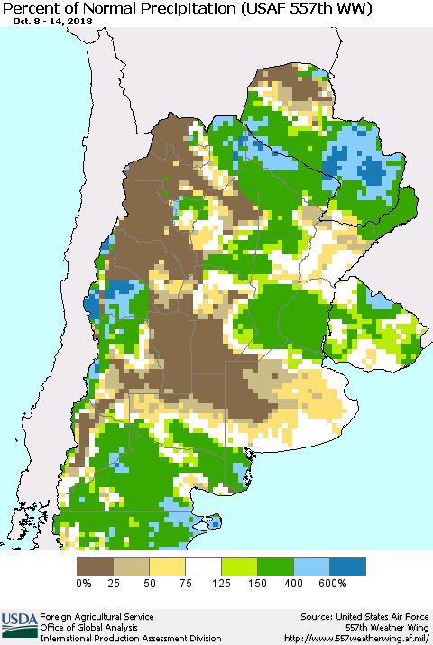 Southern South America Percent of Normal Precipitation (USAF 557th WW) Thematic Map For 10/8/2018 - 10/14/2018