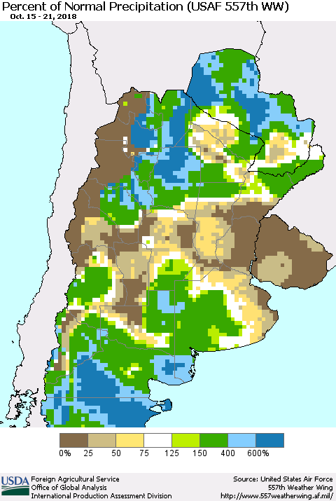 Southern South America Percent of Normal Precipitation (USAF 557th WW) Thematic Map For 10/15/2018 - 10/21/2018