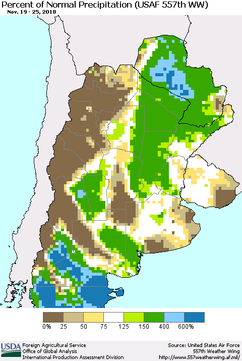 Southern South America Percent of Normal Precipitation (USAF 557th WW) Thematic Map For 11/19/2018 - 11/25/2018