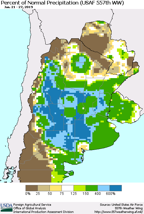 Southern South America Percent of Normal Precipitation (USAF 557th WW) Thematic Map For 1/21/2019 - 1/27/2019