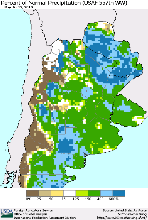 Southern South America Percent of Normal Precipitation (USAF 557th WW) Thematic Map For 5/6/2019 - 5/12/2019