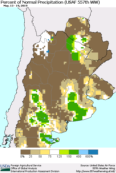Southern South America Percent of Normal Precipitation (USAF 557th WW) Thematic Map For 5/13/2019 - 5/19/2019