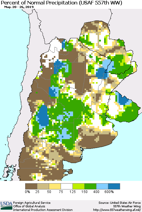 Southern South America Percent of Normal Precipitation (USAF 557th WW) Thematic Map For 5/20/2019 - 5/26/2019