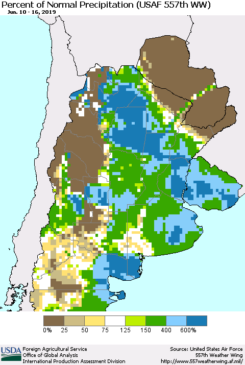 Southern South America Percent of Normal Precipitation (USAF 557th WW) Thematic Map For 6/10/2019 - 6/16/2019