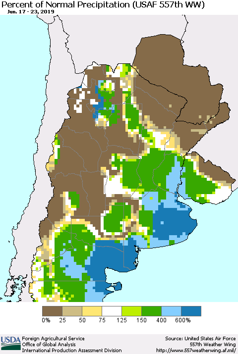 Southern South America Percent of Normal Precipitation (USAF 557th WW) Thematic Map For 6/17/2019 - 6/23/2019