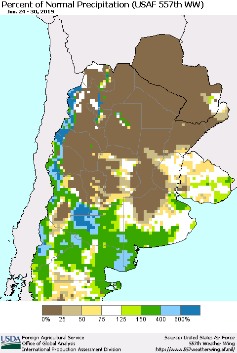 Southern South America Percent of Normal Precipitation (USAF 557th WW) Thematic Map For 6/24/2019 - 6/30/2019
