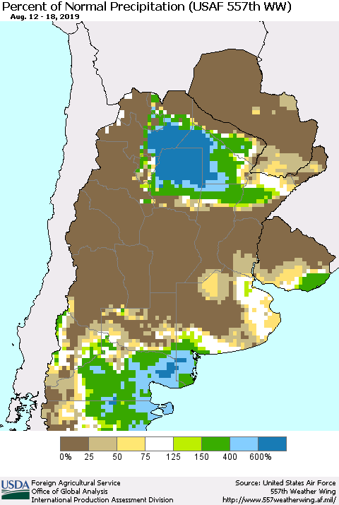 Southern South America Percent of Normal Precipitation (USAF 557th WW) Thematic Map For 8/12/2019 - 8/18/2019