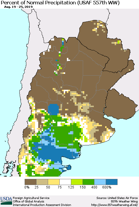 Southern South America Percent of Normal Precipitation (USAF 557th WW) Thematic Map For 8/19/2019 - 8/25/2019