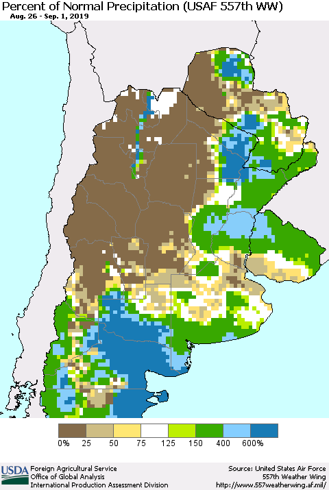 Southern South America Percent of Normal Precipitation (USAF 557th WW) Thematic Map For 8/26/2019 - 9/1/2019