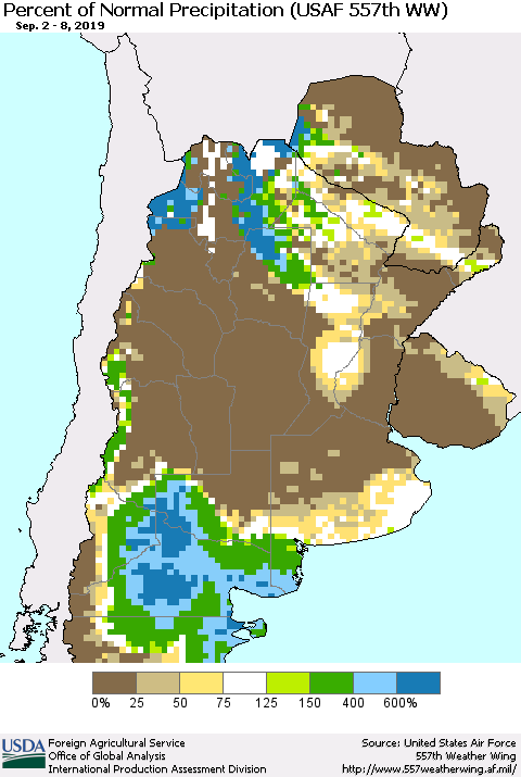 Southern South America Percent of Normal Precipitation (USAF 557th WW) Thematic Map For 9/2/2019 - 9/8/2019