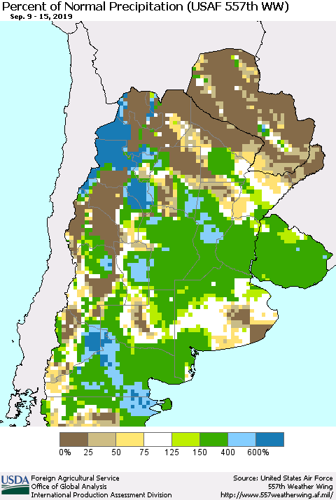 Southern South America Percent of Normal Precipitation (USAF 557th WW) Thematic Map For 9/9/2019 - 9/15/2019