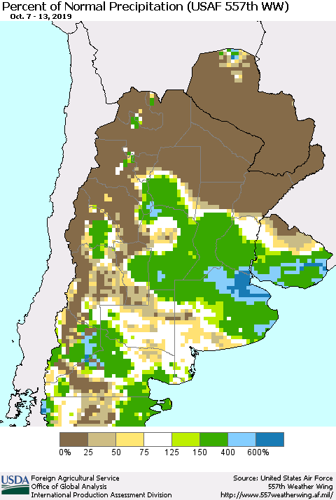 Southern South America Percent of Normal Precipitation (USAF 557th WW) Thematic Map For 10/7/2019 - 10/13/2019