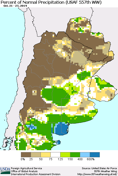 Southern South America Percent of Normal Precipitation (USAF 557th WW) Thematic Map For 10/21/2019 - 10/27/2019