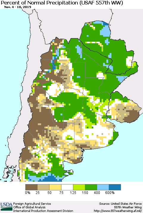Southern South America Percent of Normal Precipitation (USAF 557th WW) Thematic Map For 11/4/2019 - 11/10/2019
