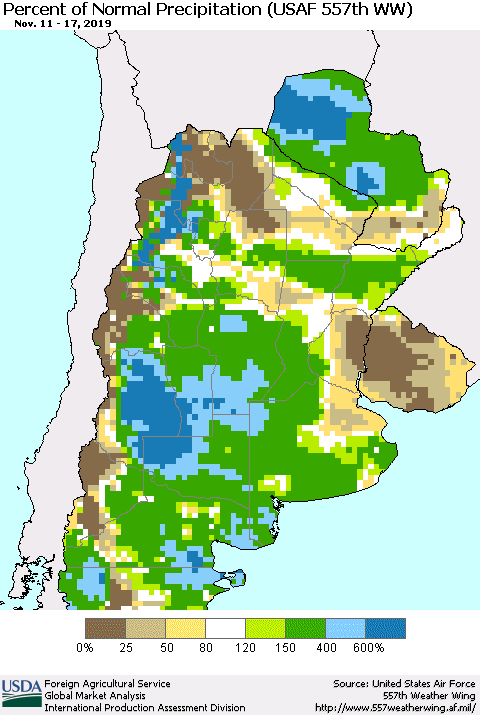 Southern South America Percent of Normal Precipitation (USAF 557th WW) Thematic Map For 11/11/2019 - 11/17/2019