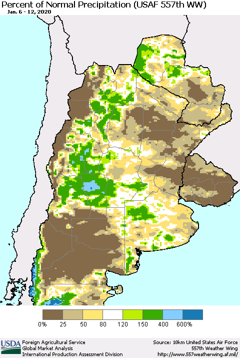 Southern South America Percent of Normal Precipitation (USAF 557th WW) Thematic Map For 1/6/2020 - 1/12/2020