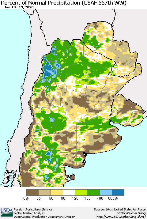 Southern South America Percent of Normal Precipitation (USAF 557th WW) Thematic Map For 1/13/2020 - 1/19/2020