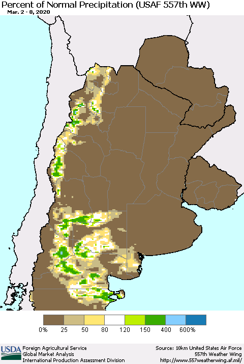 Southern South America Percent of Normal Precipitation (USAF 557th WW) Thematic Map For 3/2/2020 - 3/8/2020