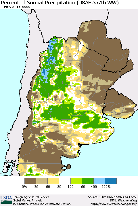 Southern South America Percent of Normal Precipitation (USAF 557th WW) Thematic Map For 3/9/2020 - 3/15/2020