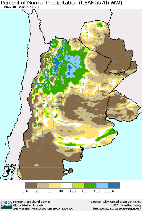 Southern South America Percent of Normal Precipitation (USAF 557th WW) Thematic Map For 3/30/2020 - 4/5/2020