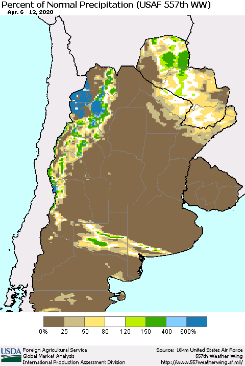 Southern South America Percent of Normal Precipitation (USAF 557th WW) Thematic Map For 4/6/2020 - 4/12/2020