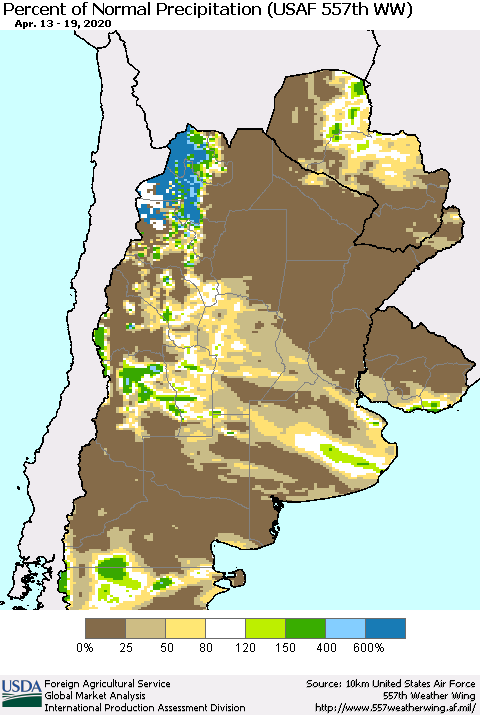 Southern South America Percent of Normal Precipitation (USAF 557th WW) Thematic Map For 4/13/2020 - 4/19/2020
