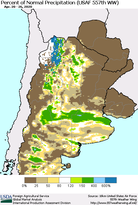 Southern South America Percent of Normal Precipitation (USAF 557th WW) Thematic Map For 4/20/2020 - 4/26/2020