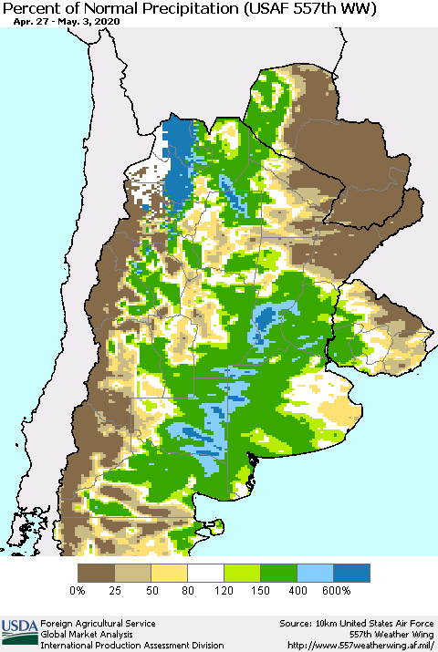 Southern South America Percent of Normal Precipitation (USAF 557th WW) Thematic Map For 4/27/2020 - 5/3/2020