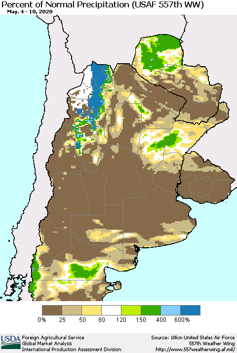 Southern South America Percent of Normal Precipitation (USAF 557th WW) Thematic Map For 5/4/2020 - 5/10/2020