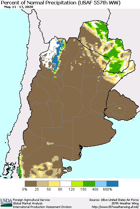 Southern South America Percent of Normal Precipitation (USAF 557th WW) Thematic Map For 5/11/2020 - 5/17/2020
