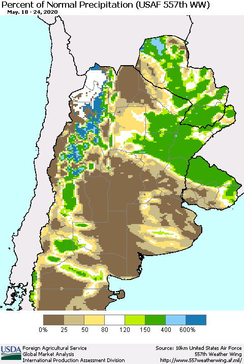 Southern South America Percent of Normal Precipitation (USAF 557th WW) Thematic Map For 5/18/2020 - 5/24/2020
