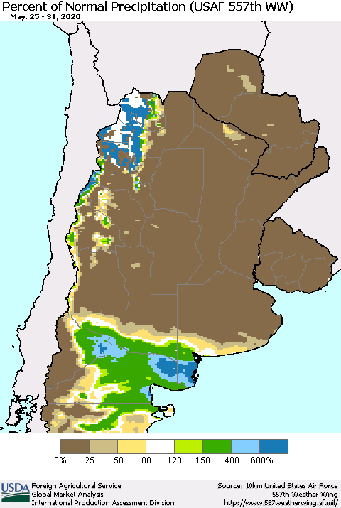 Southern South America Percent of Normal Precipitation (USAF 557th WW) Thematic Map For 5/25/2020 - 5/31/2020