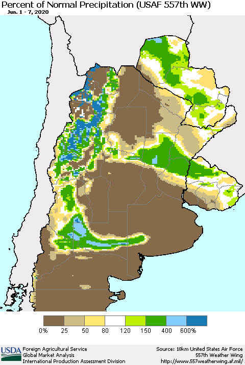 Southern South America Percent of Normal Precipitation (USAF 557th WW) Thematic Map For 6/1/2020 - 6/7/2020