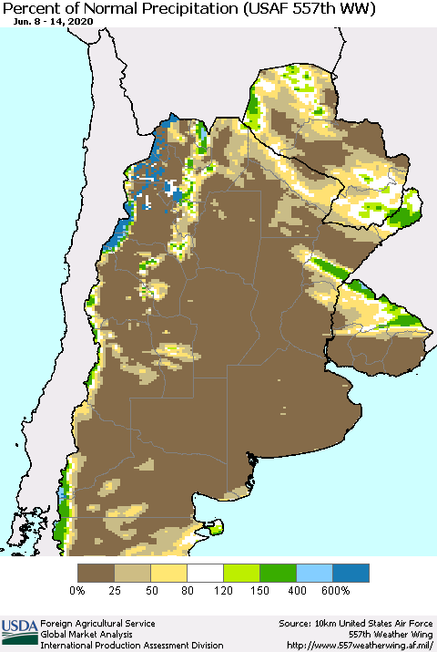 Southern South America Percent of Normal Precipitation (USAF 557th WW) Thematic Map For 6/8/2020 - 6/14/2020