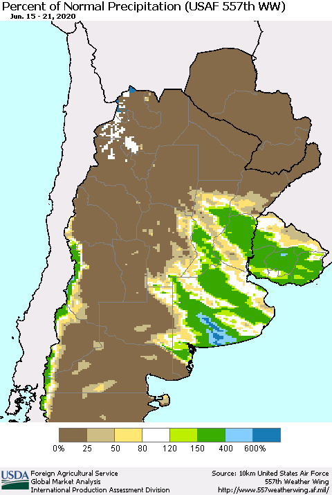 Southern South America Percent of Normal Precipitation (USAF 557th WW) Thematic Map For 6/15/2020 - 6/21/2020