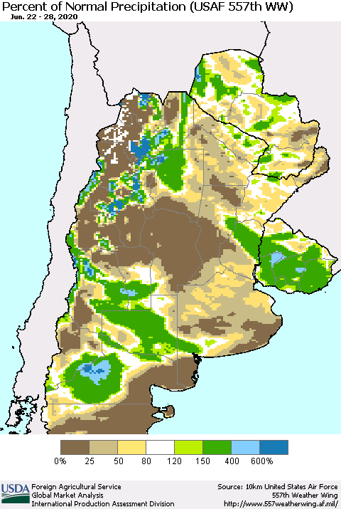 Southern South America Percent of Normal Precipitation (USAF 557th WW) Thematic Map For 6/22/2020 - 6/28/2020