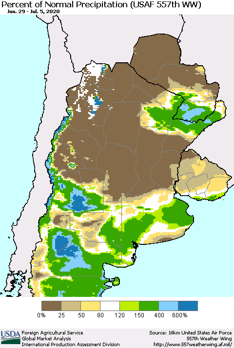Southern South America Percent of Normal Precipitation (USAF 557th WW) Thematic Map For 6/29/2020 - 7/5/2020