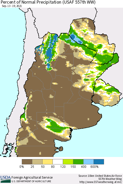 Southern South America Percent of Normal Precipitation (USAF 557th WW) Thematic Map For 9/13/2021 - 9/19/2021