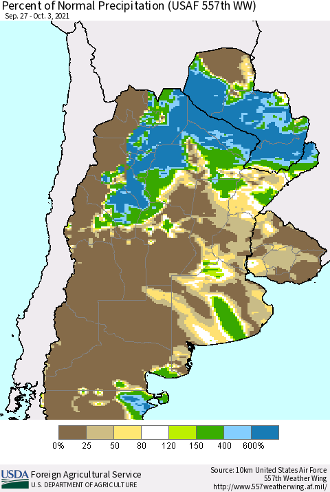 Southern South America Percent of Normal Precipitation (USAF 557th WW) Thematic Map For 9/27/2021 - 10/3/2021