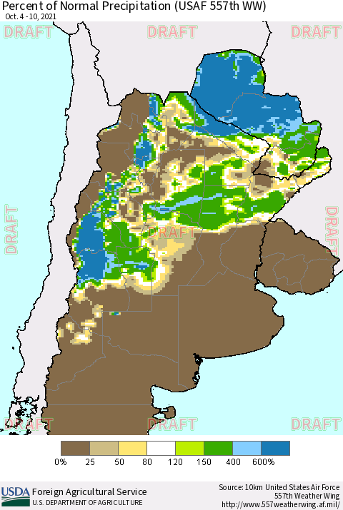 Southern South America Percent of Normal Precipitation (USAF 557th WW) Thematic Map For 10/4/2021 - 10/10/2021