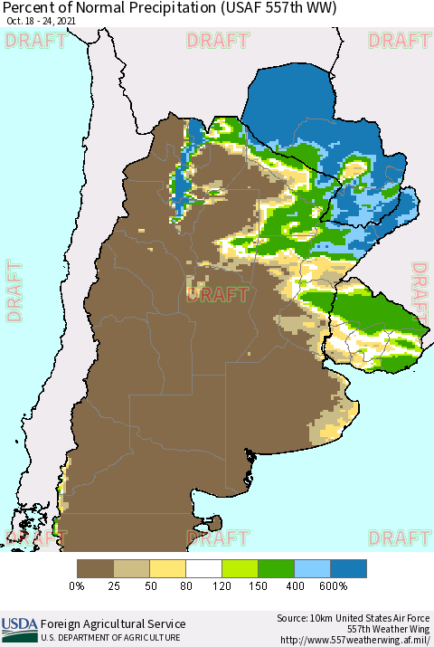 Southern South America Percent of Normal Precipitation (USAF 557th WW) Thematic Map For 10/18/2021 - 10/24/2021