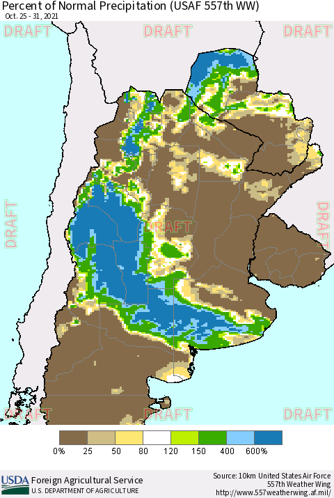 Southern South America Percent of Normal Precipitation (USAF 557th WW) Thematic Map For 10/25/2021 - 10/31/2021