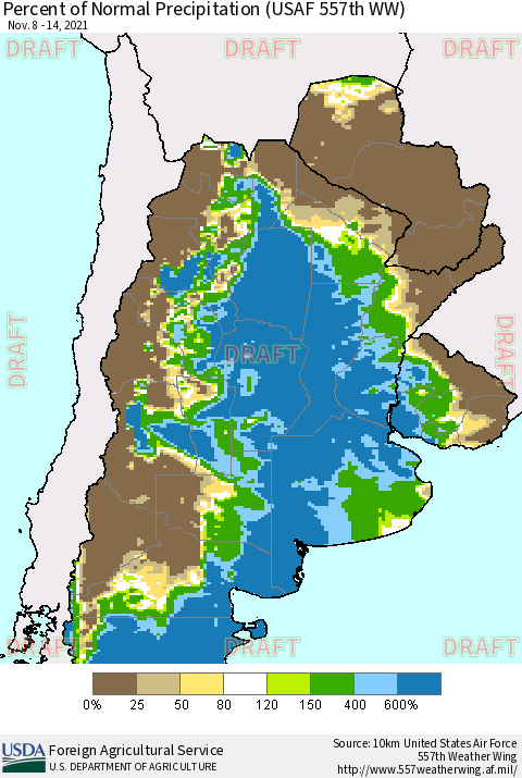 Southern South America Percent of Normal Precipitation (USAF 557th WW) Thematic Map For 11/8/2021 - 11/14/2021