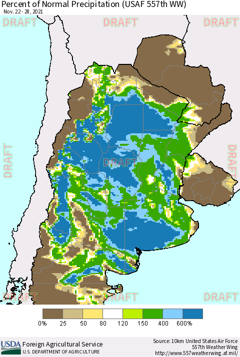 Southern South America Percent of Normal Precipitation (USAF 557th WW) Thematic Map For 11/22/2021 - 11/28/2021
