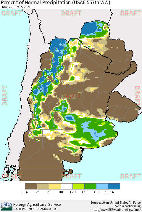 Southern South America Percent of Normal Precipitation (USAF 557th WW) Thematic Map For 11/29/2021 - 12/5/2021