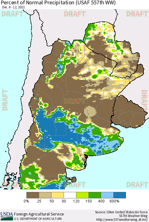 Southern South America Percent of Normal Precipitation (USAF 557th WW) Thematic Map For 12/6/2021 - 12/12/2021